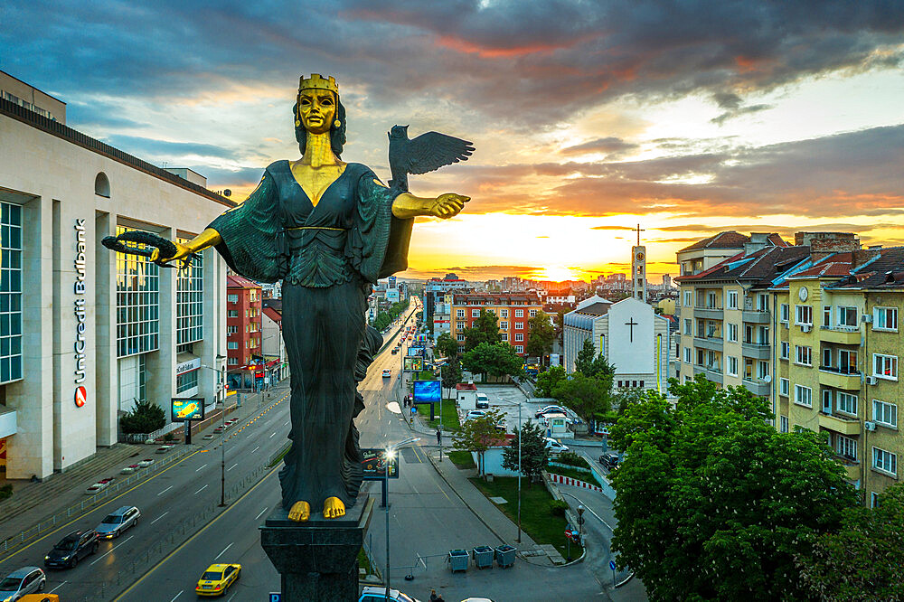 St. Sofia statue taken by drone, Sofia, Bulgaria, Europe