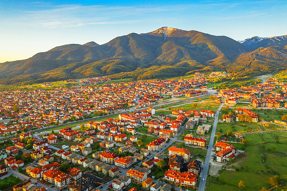 Aerial view by drone of Bansko and Pirin National Park, UNESCO World Heritage Site, Bankso, Bulgaria, Europe