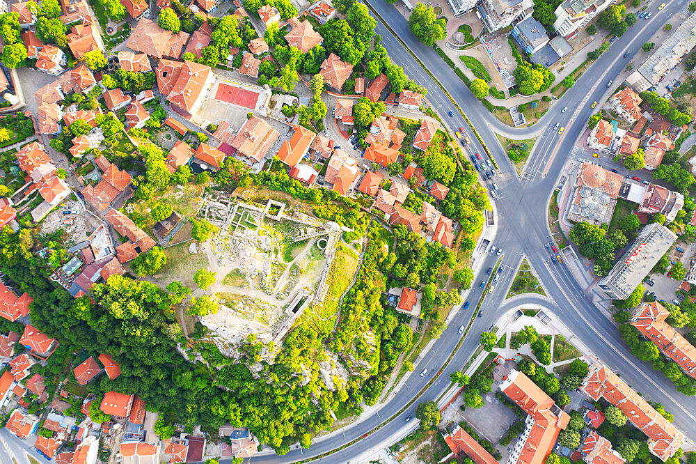 Aerial view by drone of ruins of Eumolpias, a Thracian settlement in 5000 BC, Plovdiv, Bulgaria, Europe