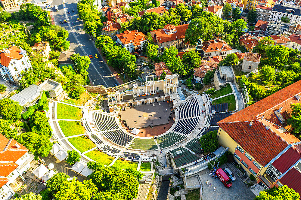 Aerial view by drone of Roman arena, Plovdiv, Bulgaria, Europe