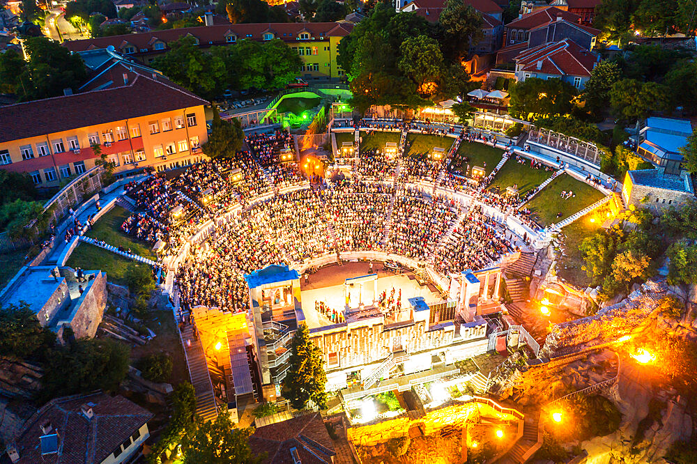 Aerial view by drone of Roman arena, Plovdiv, Bulgaria, Europe