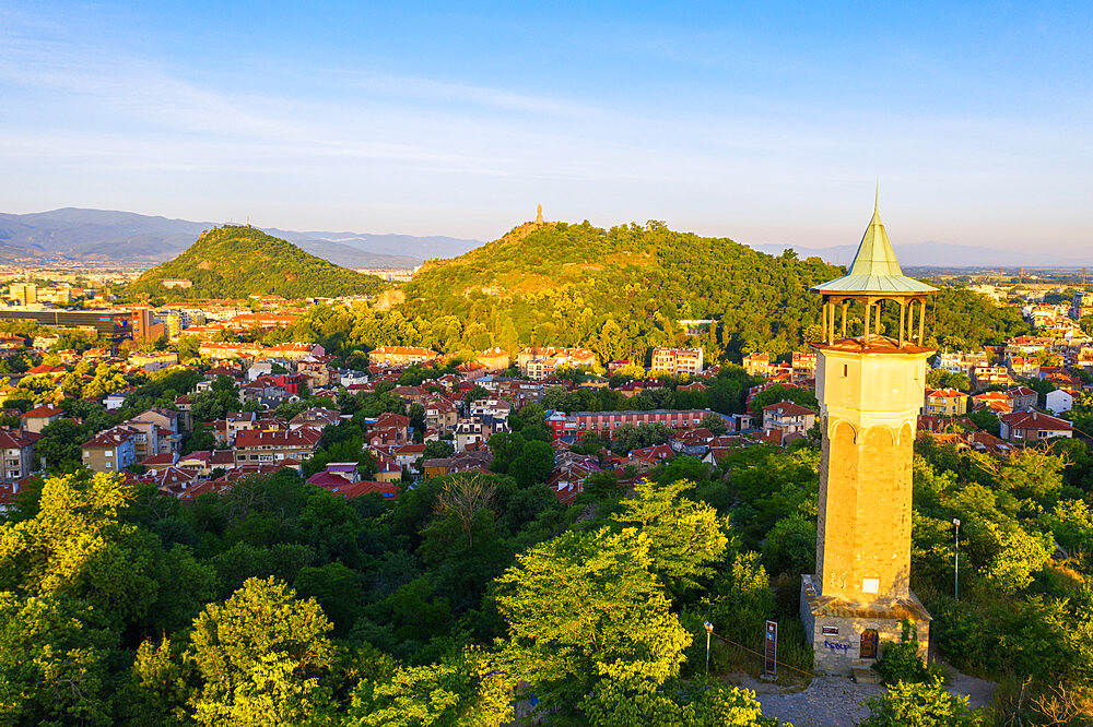 Aerial view by drone of Danov Hill with 16th century minaret style clock tower, Plovdiv, Bulgaria, Europe