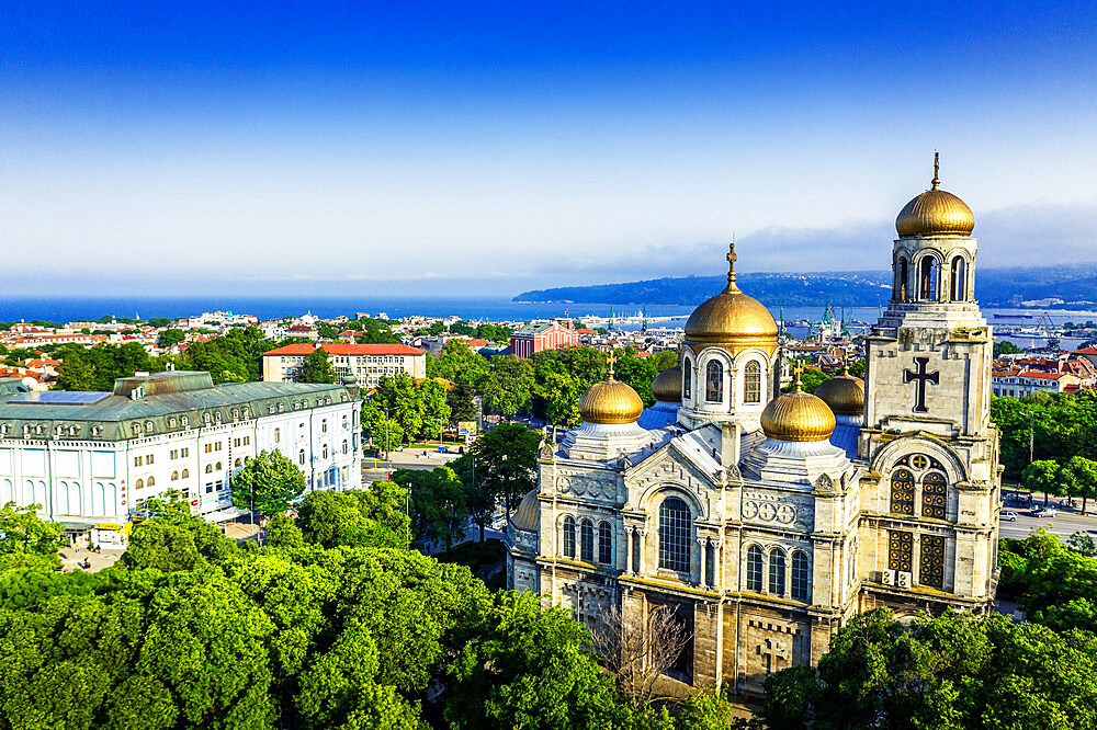 Aerial view by drone of Mother of God Cathedral, Varna, Bulgaria, Europe