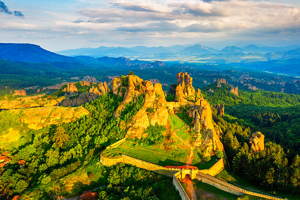 Aerial view by drone of Kaleto Rock Fortress rock formations, Belogradchik, Bulgaria, Europe