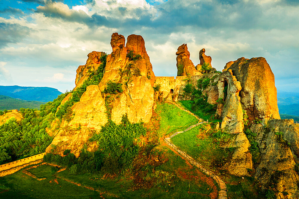 Aerial view by drone of Kaleto Rock Fortress rock formations, Belogradchik, Bulgaria, Europe