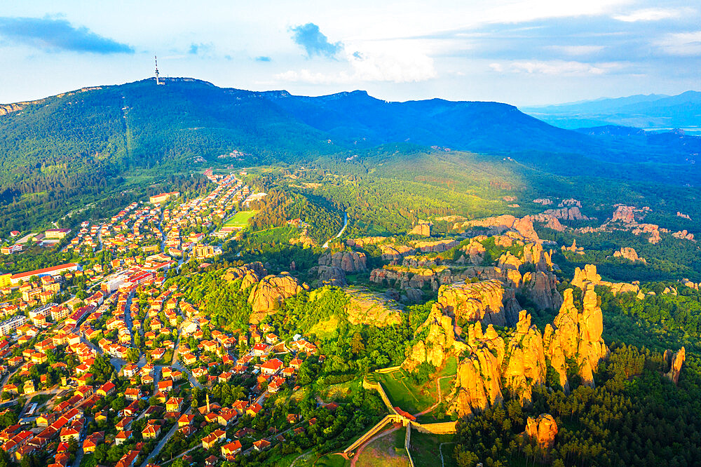 Aerial view by drone of Kaleto Rock Fortress rock formations, Belogradchik, Bulgaria, Europe