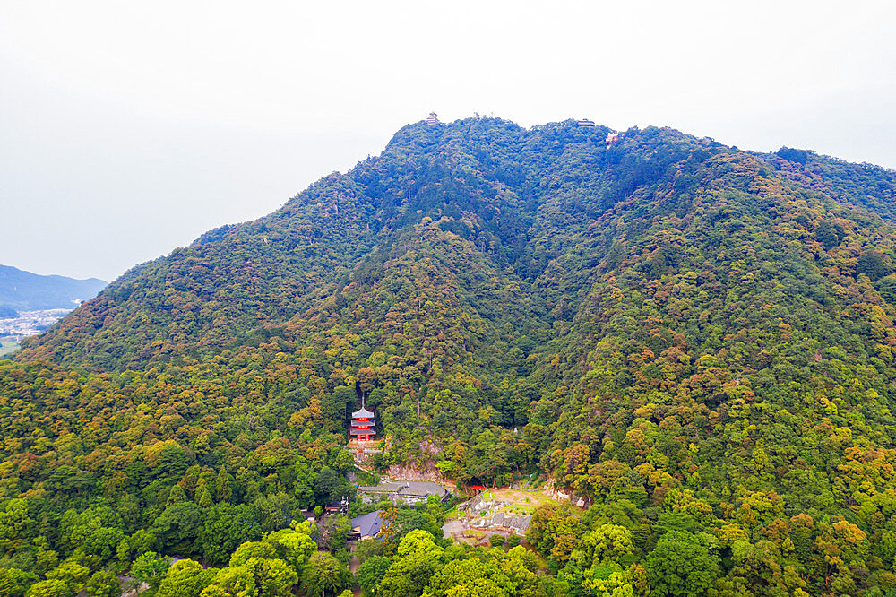 Three storey pagoda on Mount Kinka, Gifu Park, Gifu, Gifu Prefecture, Honshu, Japan, Asia