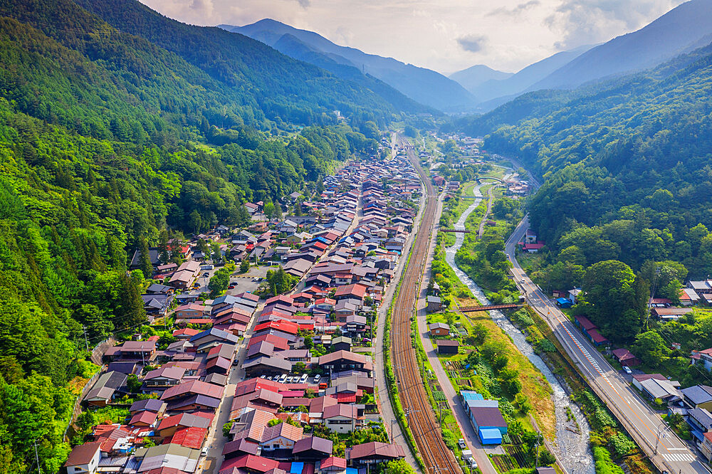 Aerial view of Nakasendo old post town of Narai, Kiso Valley, Nagano Prefecture, Honshu, Japan, Asia