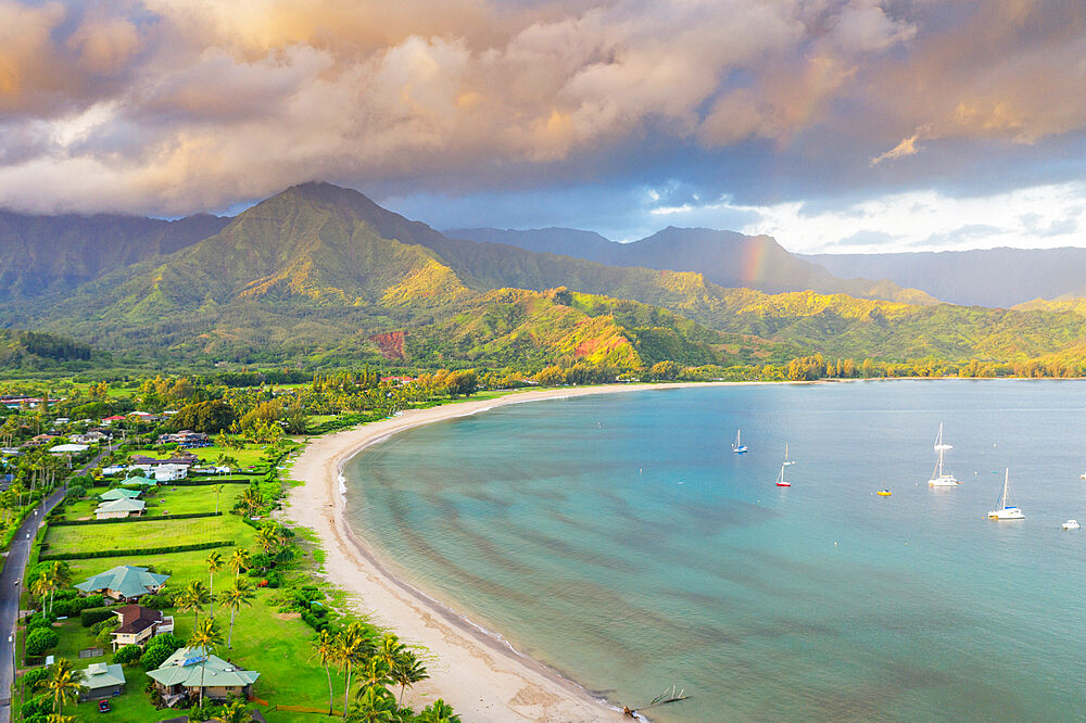 Aerial view by drone of Hanalei Bay, Kauai Island, Hawaii, United States of America, North America