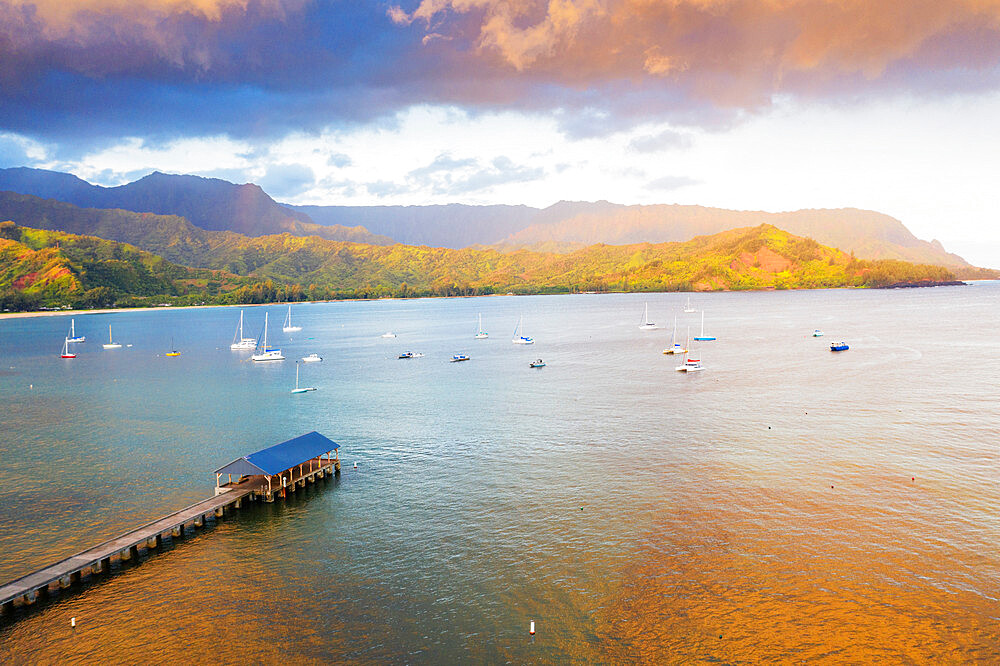 Aerial view by drone of Hanalei Bay pier, Kauai Island, Hawaii, United States of America, North America