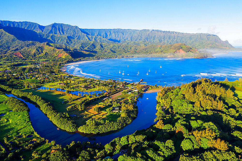 Aerial view by drone of Hanalei Bay, Kauai Island, Hawaii, United States of America, North America