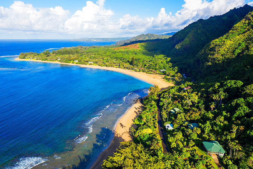 Aerial view by drone of Tunnels Beach, Haena State Park, Kauai Island, Hawaii, United States of America, North America