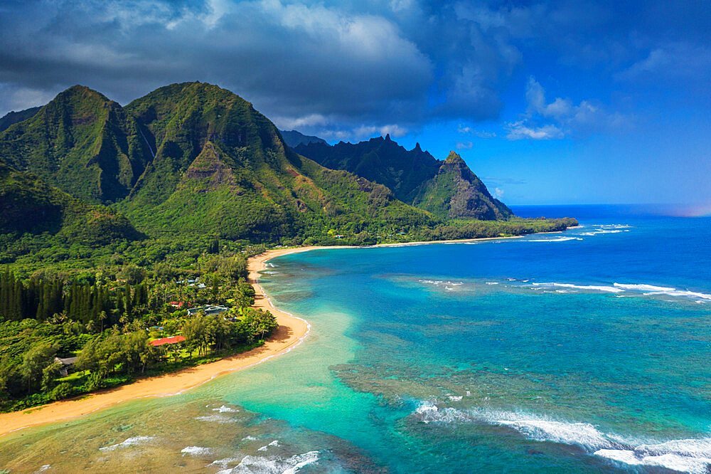 Aerial view by drone of Tunnels Beach, Haena State Park, Kauai Island, Hawaii, United States of America, North America