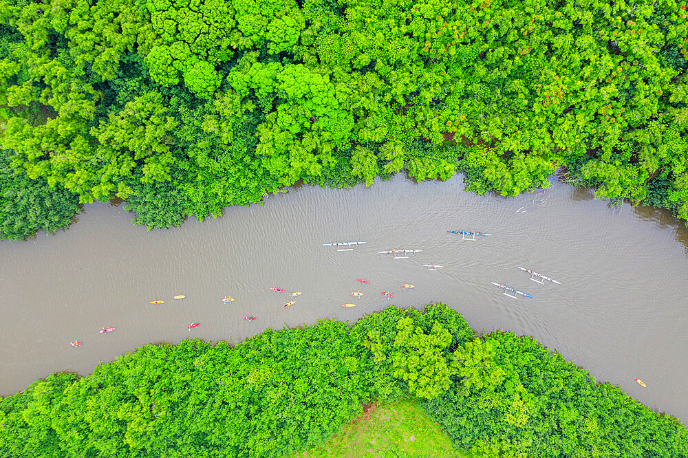 Drone view of kayakers on Wailua River, Kauai Island, Hawaii, United States of America, North America