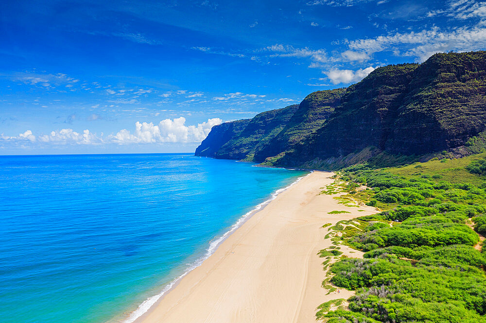 Aerial by drone of Polihale State Park beach, Kauai Island, Hawaii, United States of America, North America