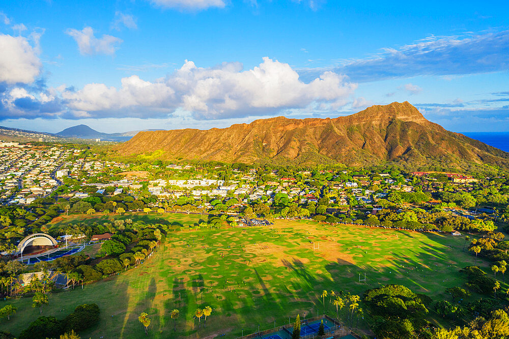 Aerial view by drone of Diamond Head, Waikiki, Honolulu, Oahu Island, Hawaii, United States of America, North America