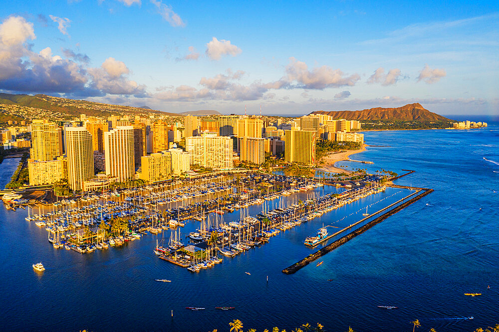 Aerial view by drone of Diamond Head, Waikiki, Honolulu, Oahu Island, Hawaii, United States of America, North America