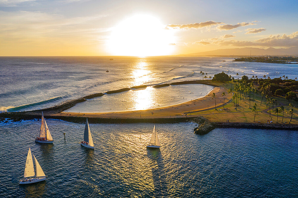 Aerial view by drone of Waikiki, Honolulu, Oahu Island, Hawaii, United States of America, North America