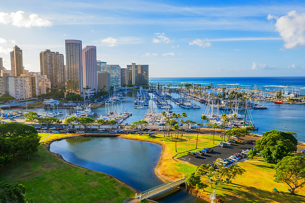 Aerial view by drone of Waikiki, Honolulu, Oahu Island, Hawaii, United States of America, North America