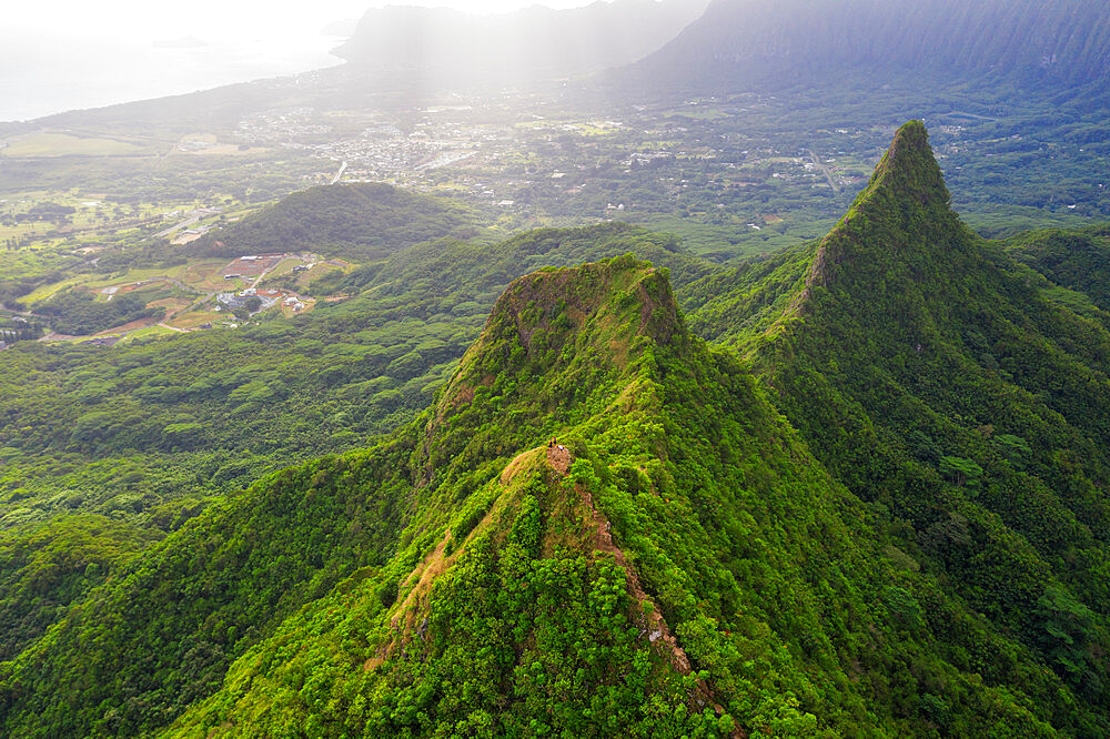 Aerial view by drone of Three Peaks trail, Oahu Island, Hawaii, United States of America, North America