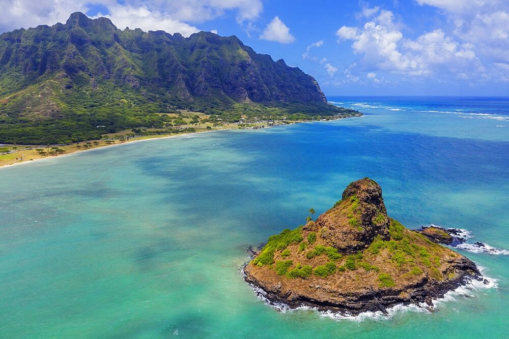 Aerial view by drone of Kaneohe Bay and Mokolii island, Oahu Island, Hawaii, United States of America, North America