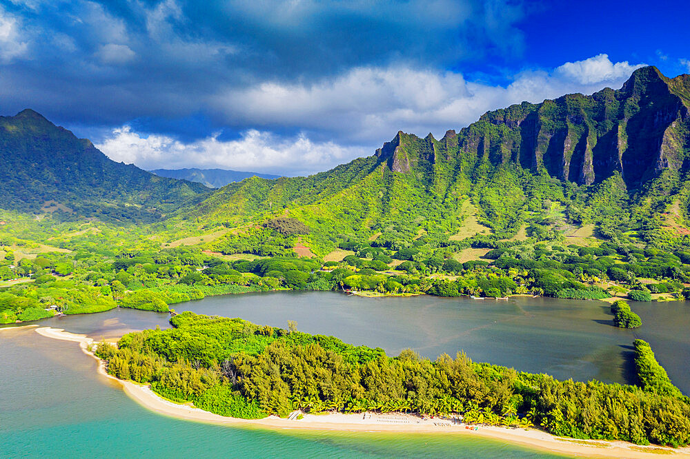 Aerial view by drone of Kaneohe Bay, Oahu Island, Hawaii, United States of America, North America