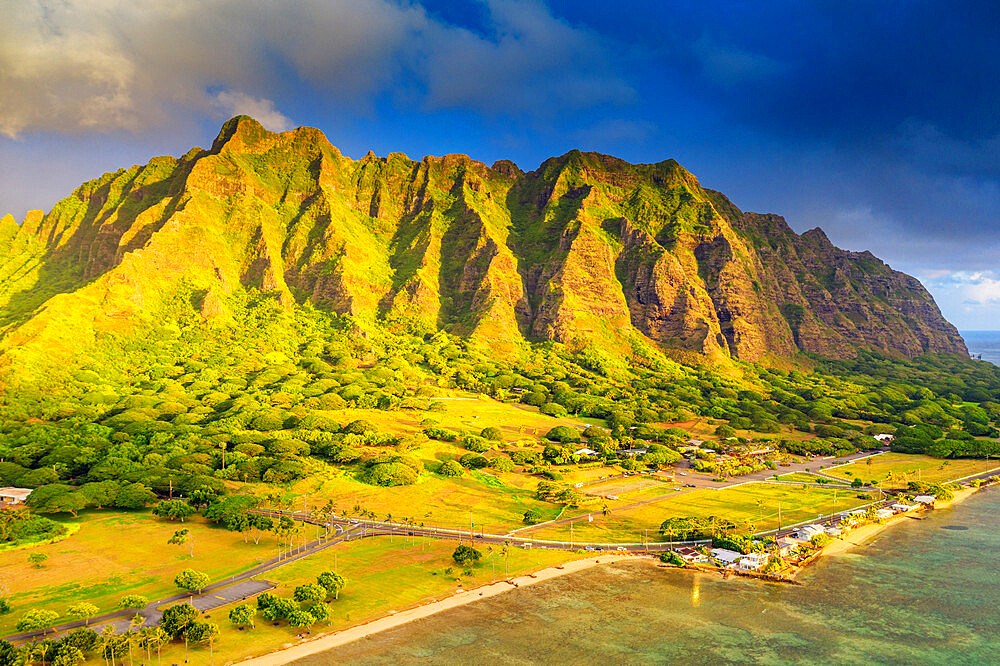 Aerial view by drone of Kaneohe Bay sea cliffs, Oahu Island, Hawaii, United States of America, North America