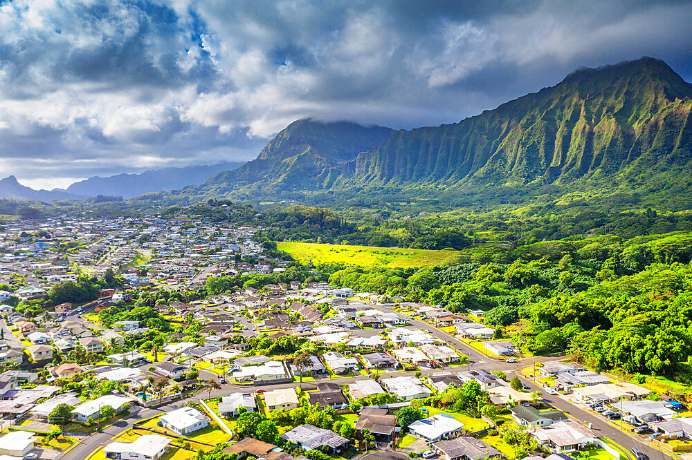 Aerial view by drone of Kailua town, Oahu Island, Hawaii, United States of America, North America