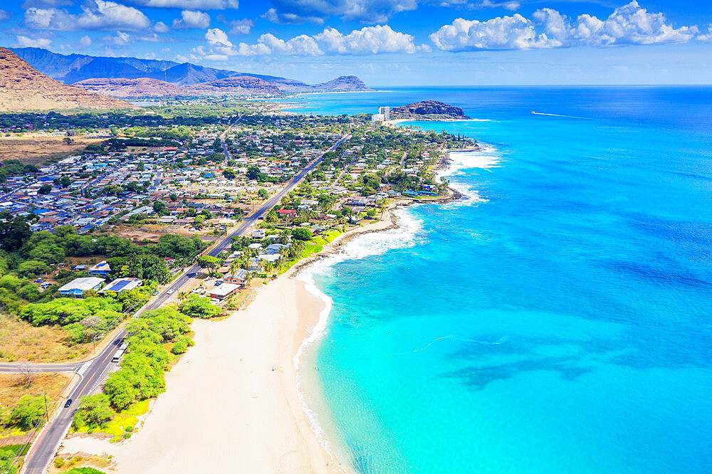 Aerial view by drone of Makaha beach, Oahu Island, Hawaii, United States of America, North America