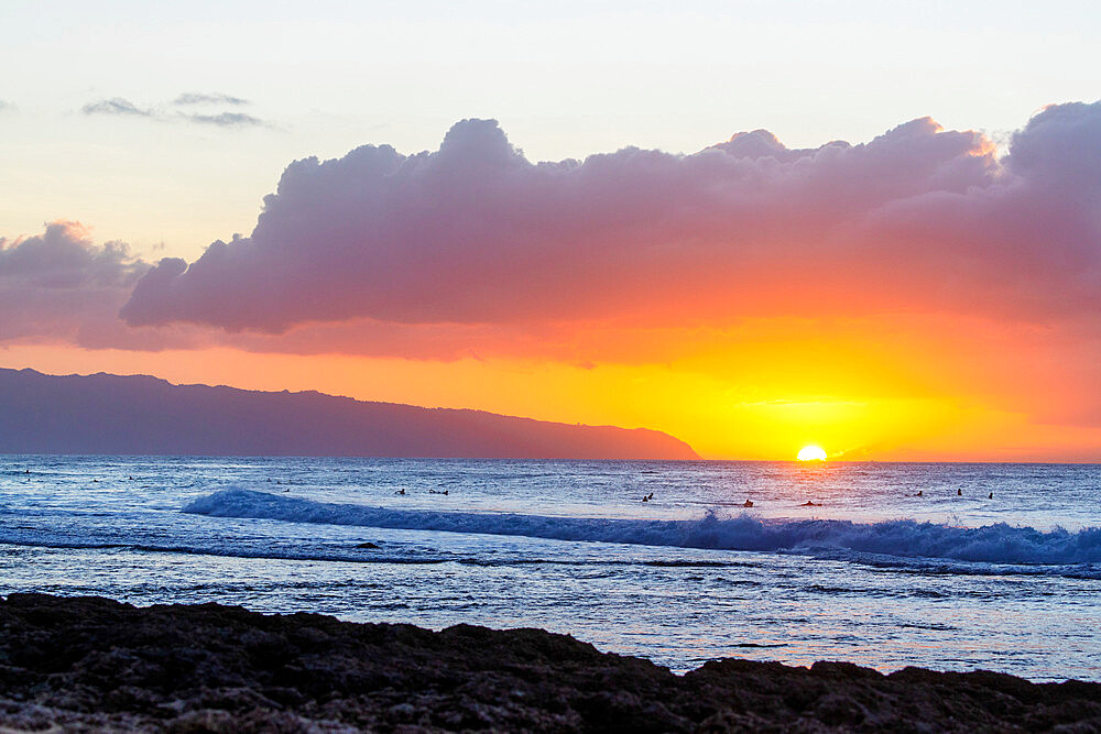 Waves on the North Shore at sunset, Oahu Island, Hawaii, United States of America, North America