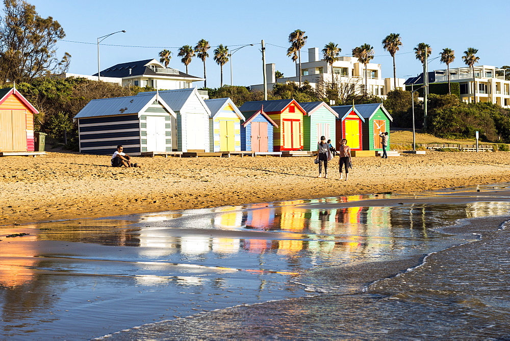 Brighton bathing boxes and reflections at low tide, Brighton Beach, Brighton, Victoria, Australia, Pacific