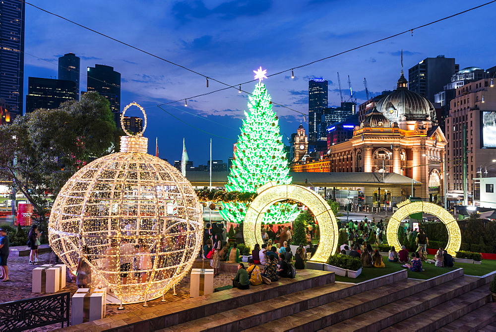 Christmas Tree and decorations at Federation Squares Christmas Square, City of Melbourne, Victoria, Australia, Pacific