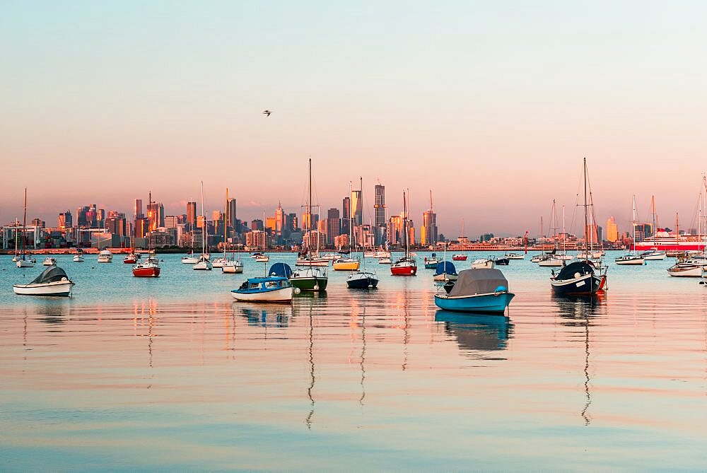 View of City of Melbourne from Williamstown port through sail boats, Williamstown, Victoria, Australia