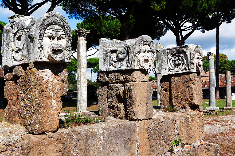 Traditional theatre masks, Ostia Antica, Lazio, Italy, Europe