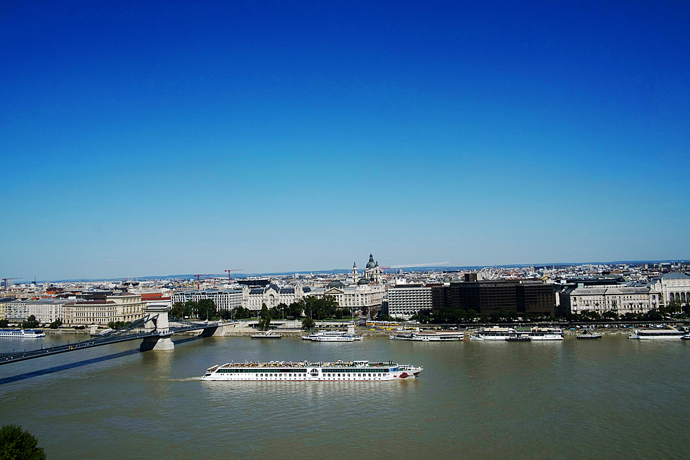 View of sightseeing boat on the River Danube and Budapest, Hungary, Europe