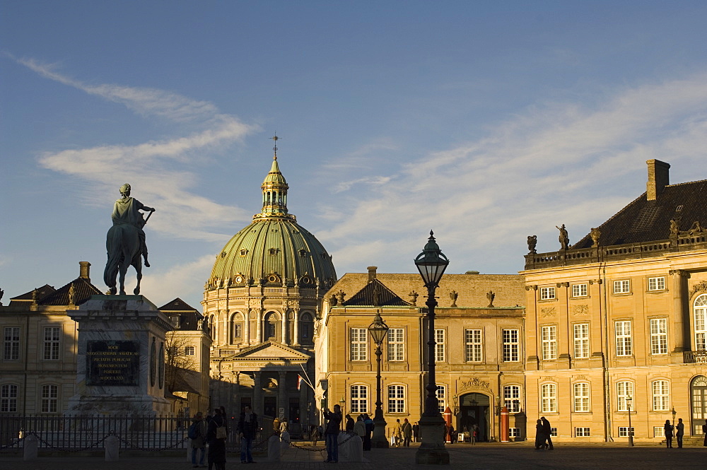 Frederik V statue and Frederikskirken (Marmorkirken) (Marble Church), Amalienborg, Copenhagen, Denmark, Scandinavia, Europe