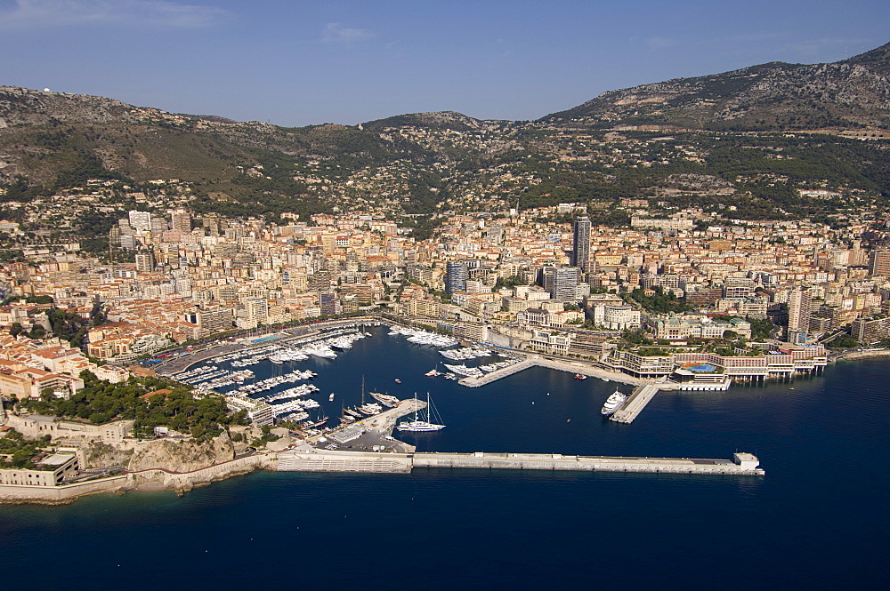 View from helicopter of Monte Carlo, Monaco, Cote d'Azur, Mediterranean, Europe