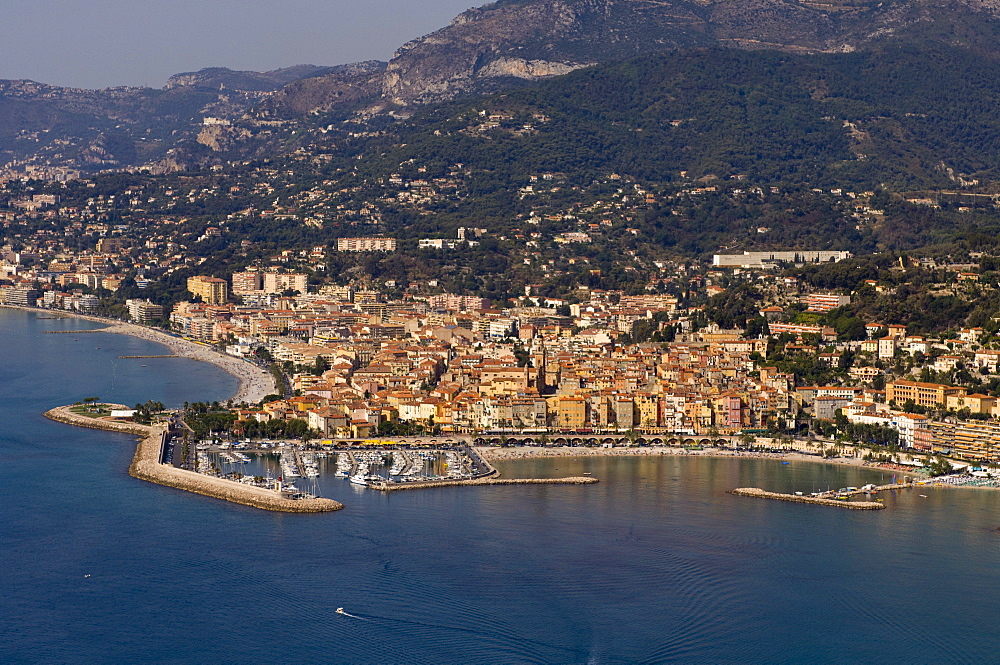 View from helicopter of Menton, Alpes-Maritimes, Provence, Cote d'Azur, French Riviera, France, Mediterranean, Europe