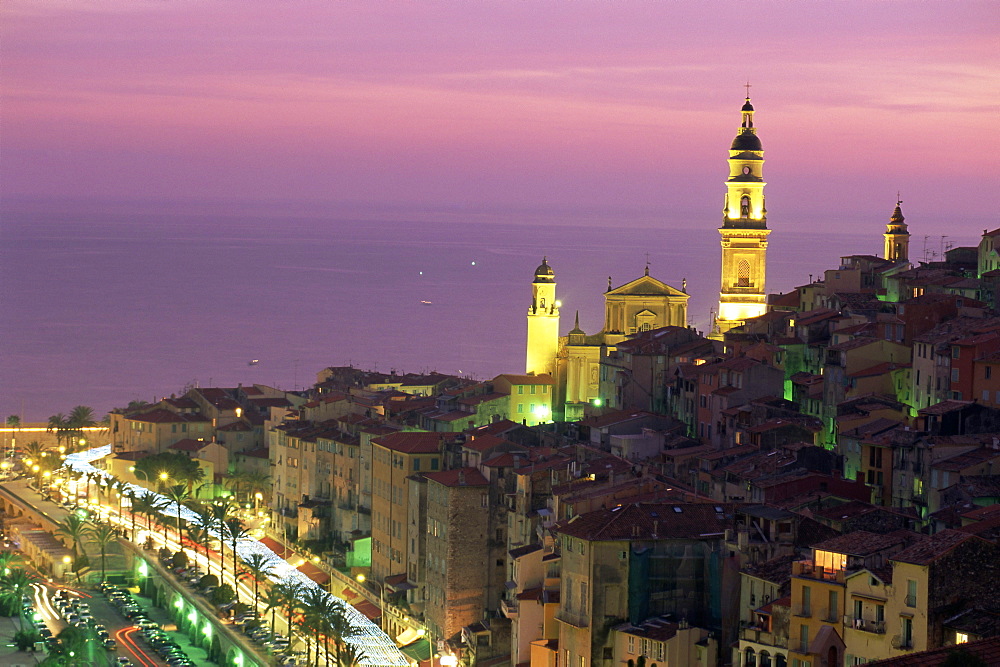 Skyline at dusk, Menton, Alpes Maritimes, Provence, Cote d'Azur, French Riviera, France, Mediterranean, Europe