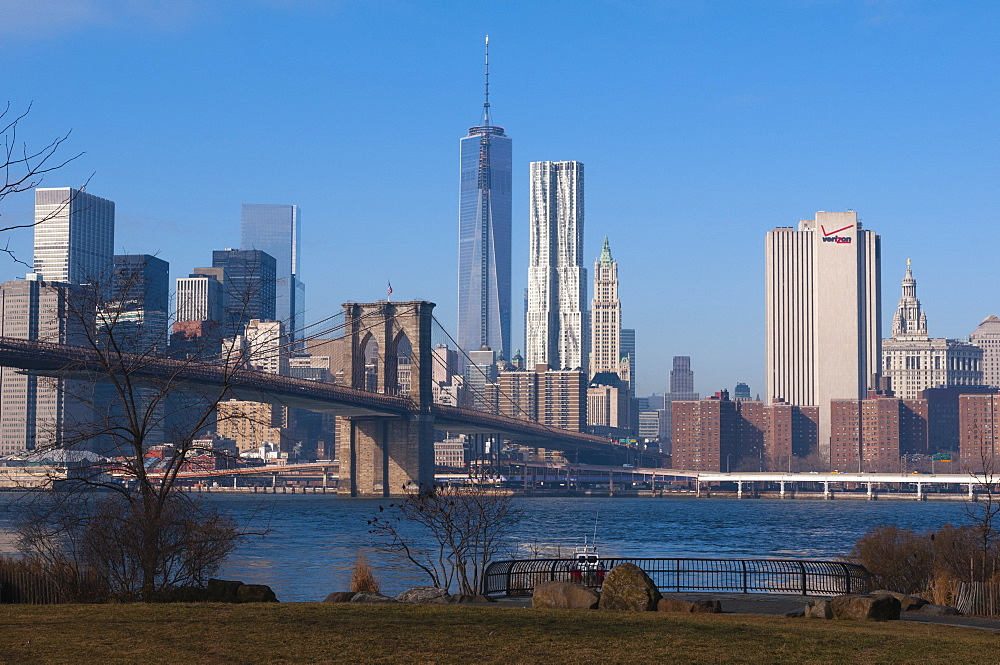 Brooklyn Bridge and New York City skyline in the morning mist, New York City, United States of America, North America