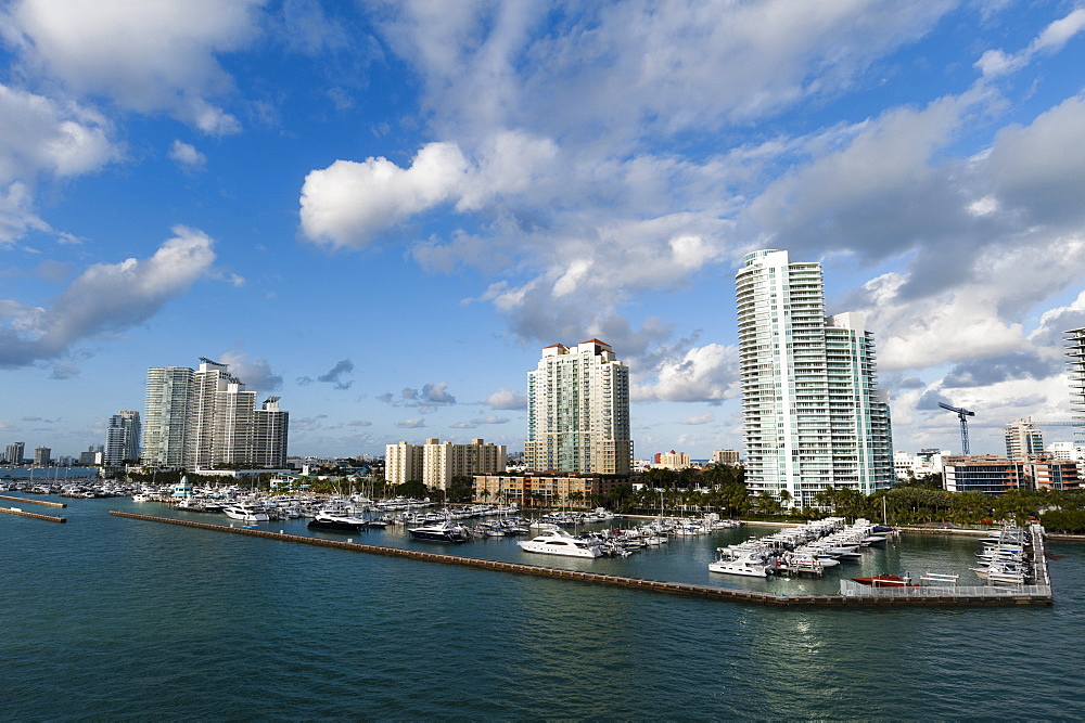 Skyscrapers and marina, South Beach, Miami Beach, Florida, United States of America, North America