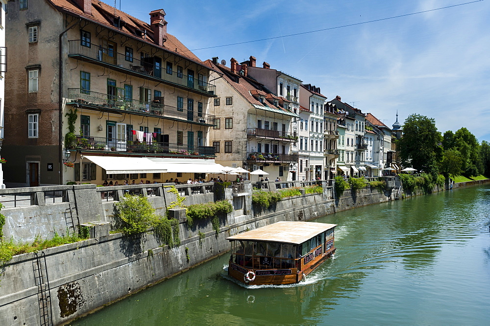 Buildings along the Ljubljanica River in the center of Ljubljana, Slovenia, Europe