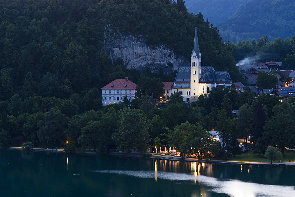 St. Martin's Church at night, Lake Bled, Slovenia, Europe