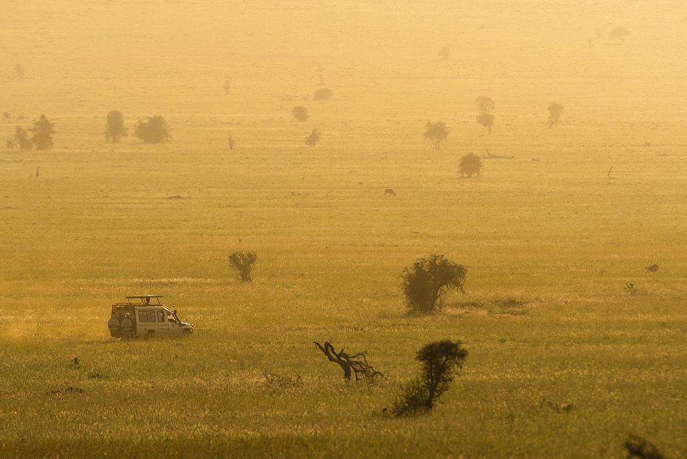 A safari vehicle driving across the plains of Tsavo at sunset, Kenya, East Africa, Africa