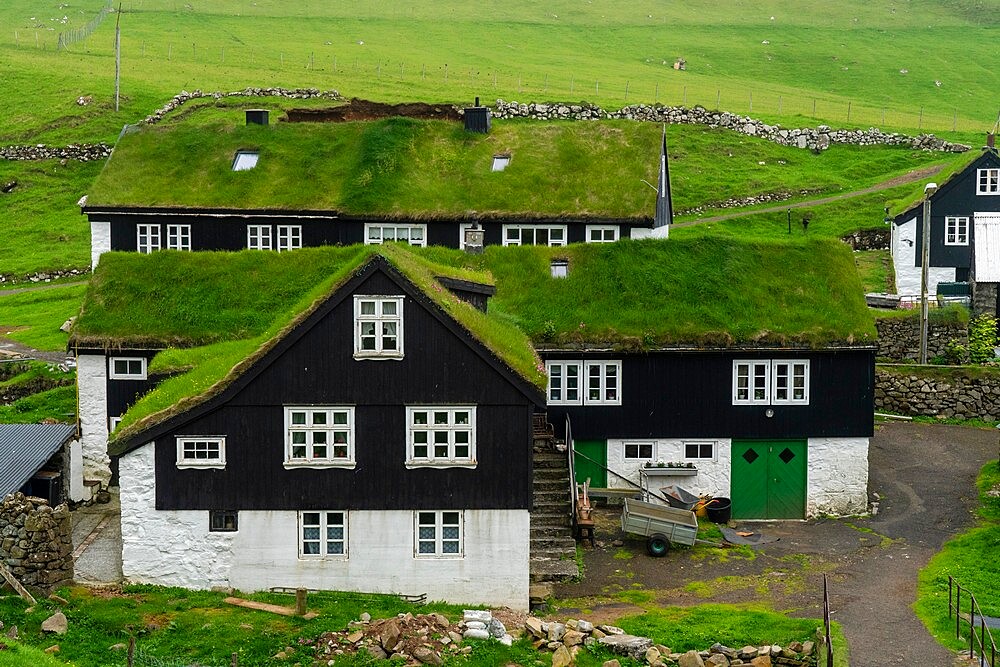 Houses with turf roofs, Mykines Island, Faroe Islands, Denmark, Europe