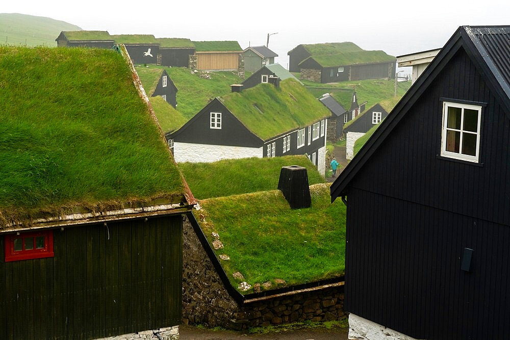 Houses with turf roofs, Mykines Island, Faroe Islands, Denmark, Europe