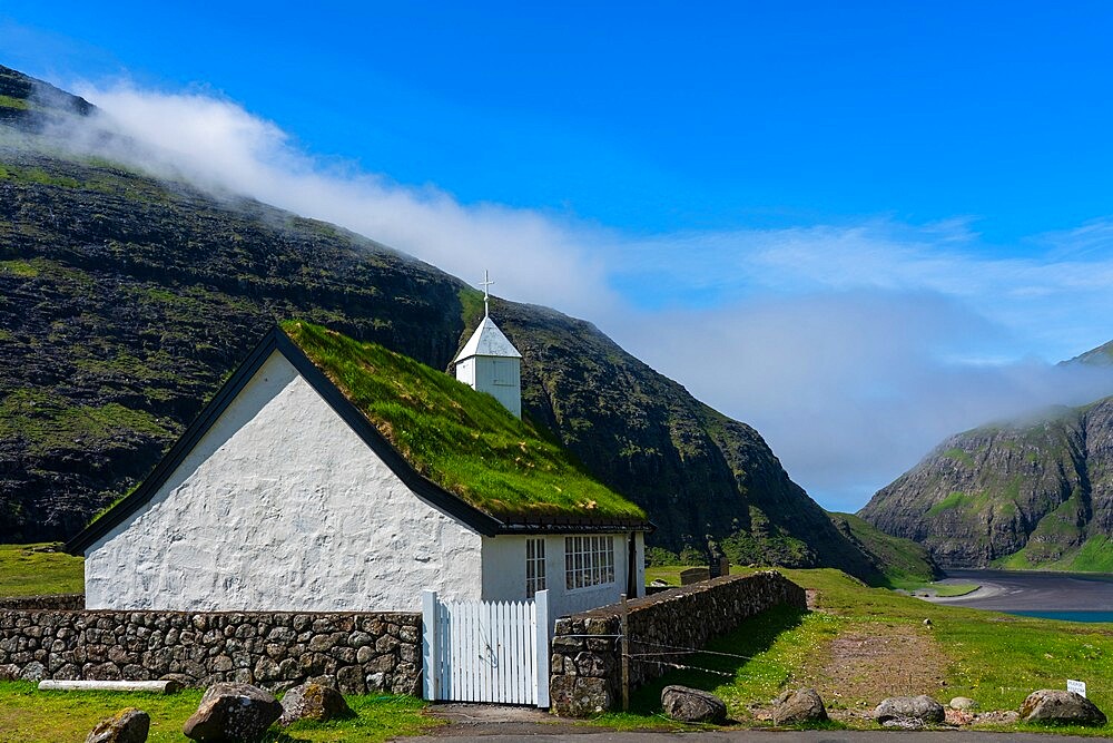 Building with turf roof, Saksun, Streymoy Island, Faroe Islands, Denmark, Europe