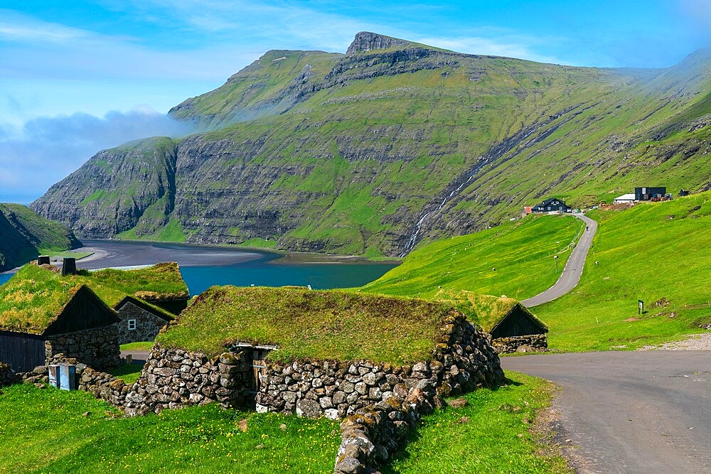 Buildings with turf roofs, Saksun, Streymoy Island, Faroe Islands, Denmark, Europe