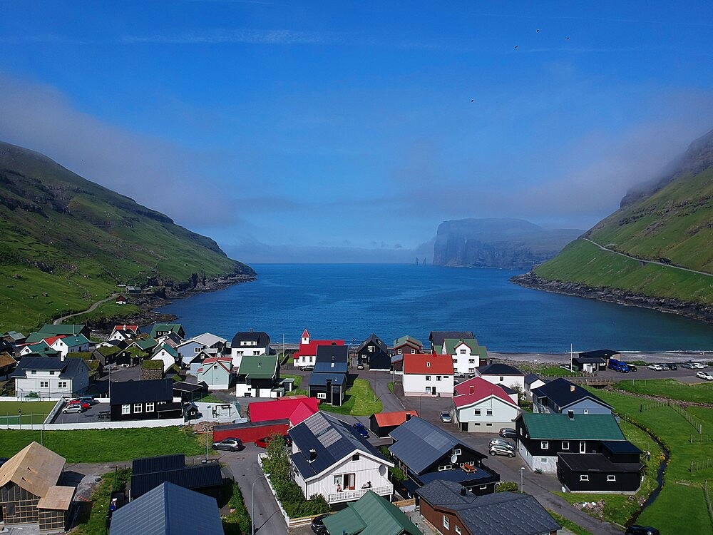 Aerial view of Tjornuvik, Streymoy Island, Faroe Islands, Denmark, Europe