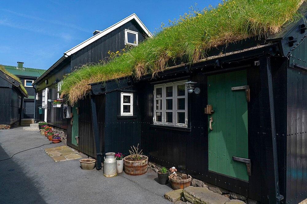 Turf roof, Tjornuvik, Streymoy Island, Faroe Islands, Denmark, Europe